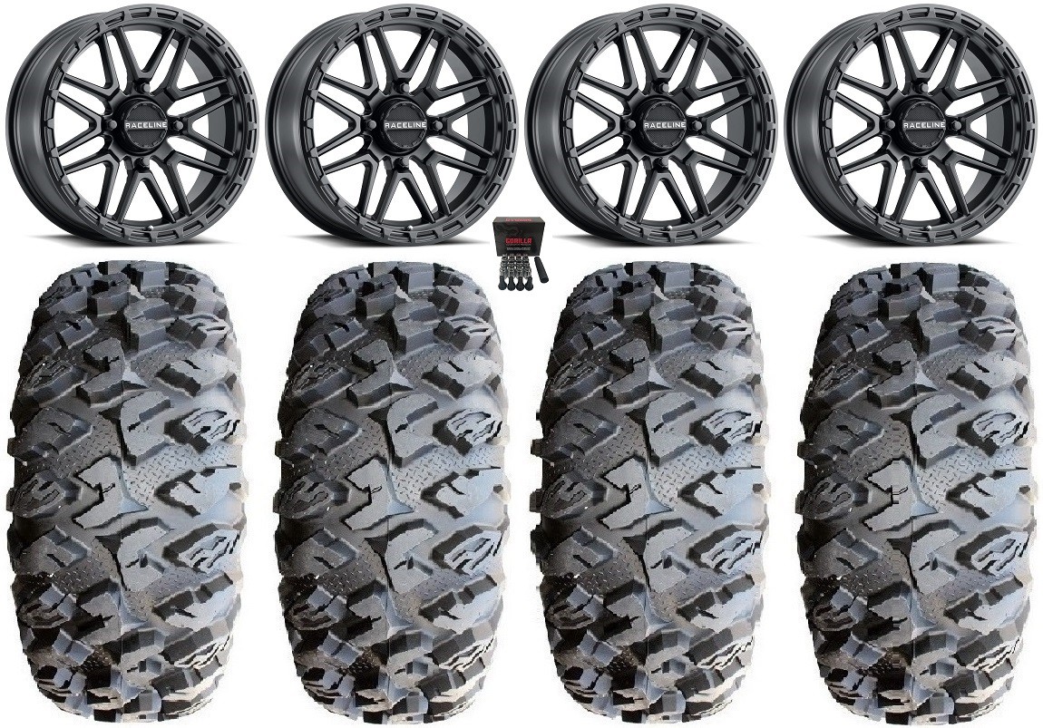 Raceline Krank XL 18″ Wheels Black 33″ MotoClaw Tires Kawasaki Teryx Mule