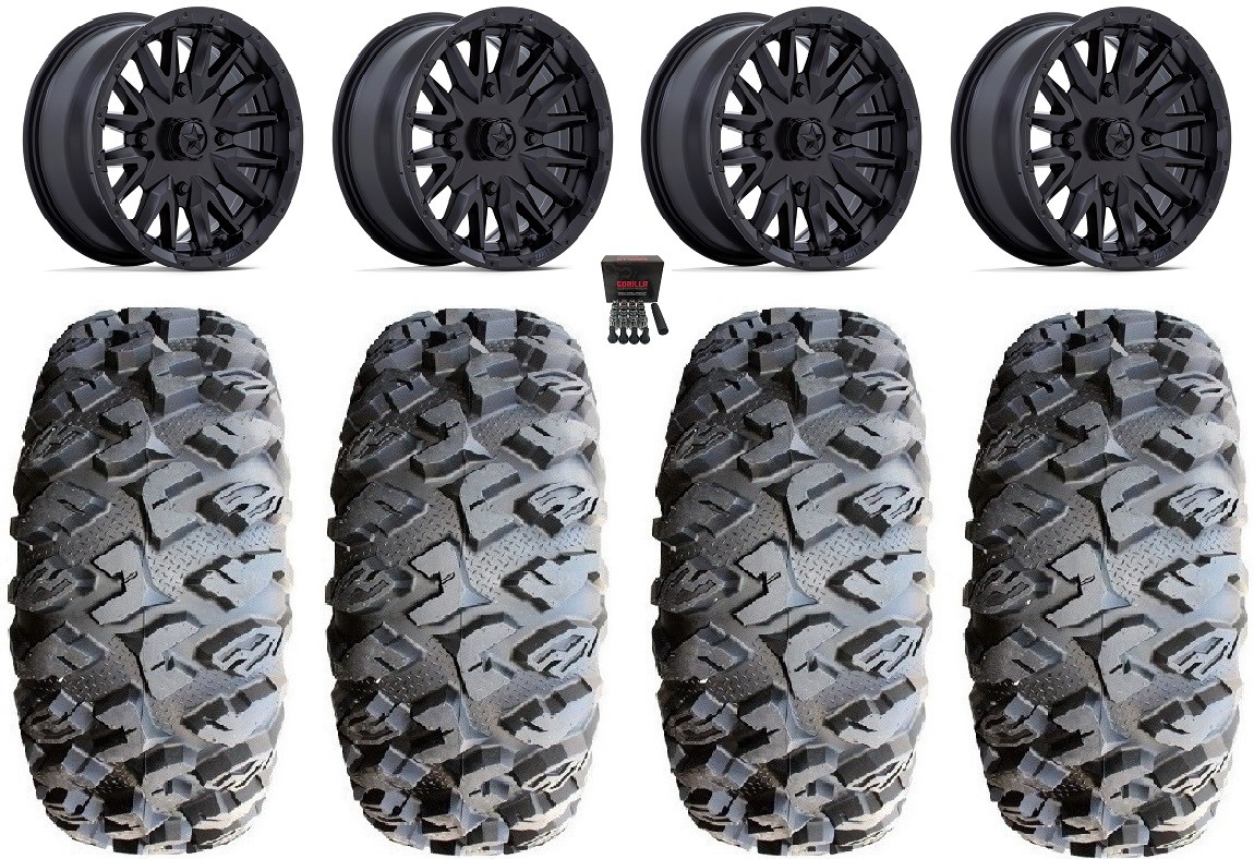 MSA Creed 14″ Wheels Black 28″ MotoClaw Tires Kawasaki Teryx Mule