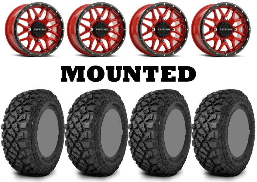 Kit 4 Kenda Klever XT Tires 28×10-14 on Raceline Krank Red Wheels CAN