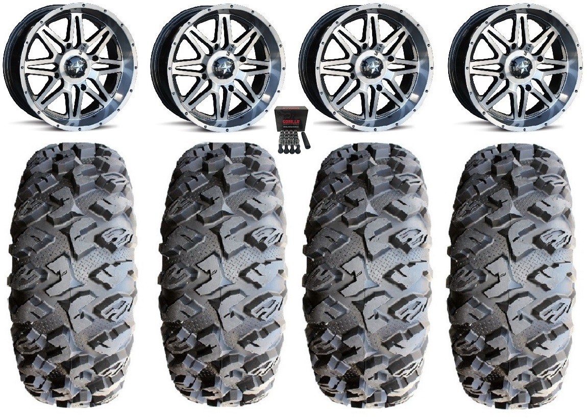 MSA Dark Tint Vibe 14″ ATV Wheels 28″ MotoClaw Tires Honda Rincon Rancher