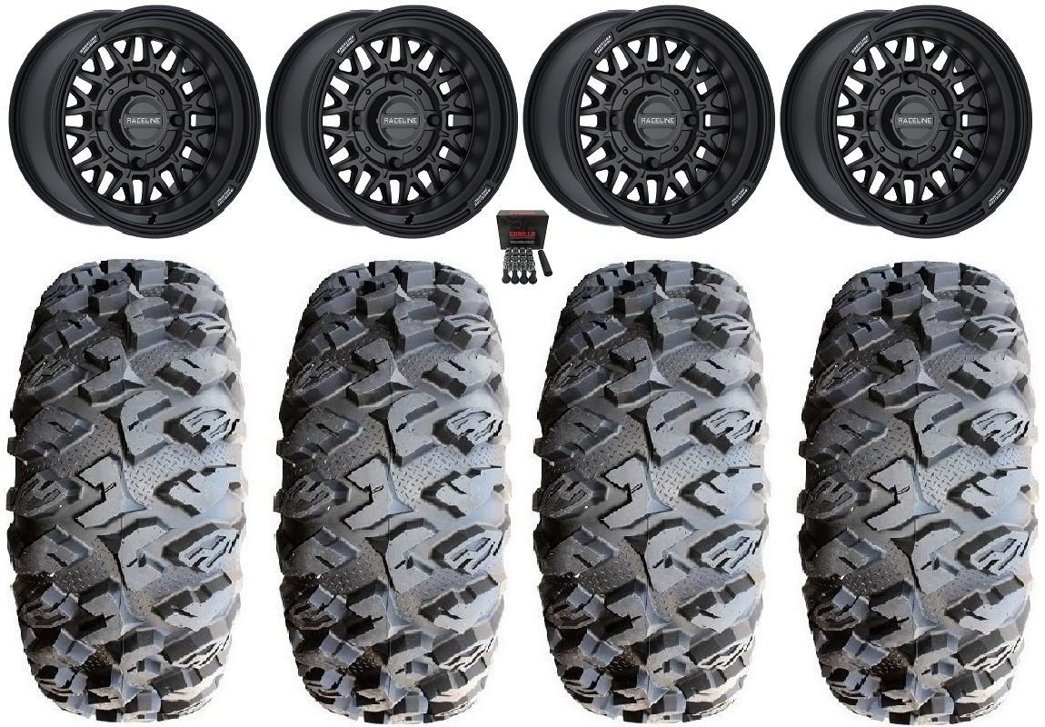 Raceline Omega 14″ Wheels Black 27″ MotoClaw Tires Polaris RZR