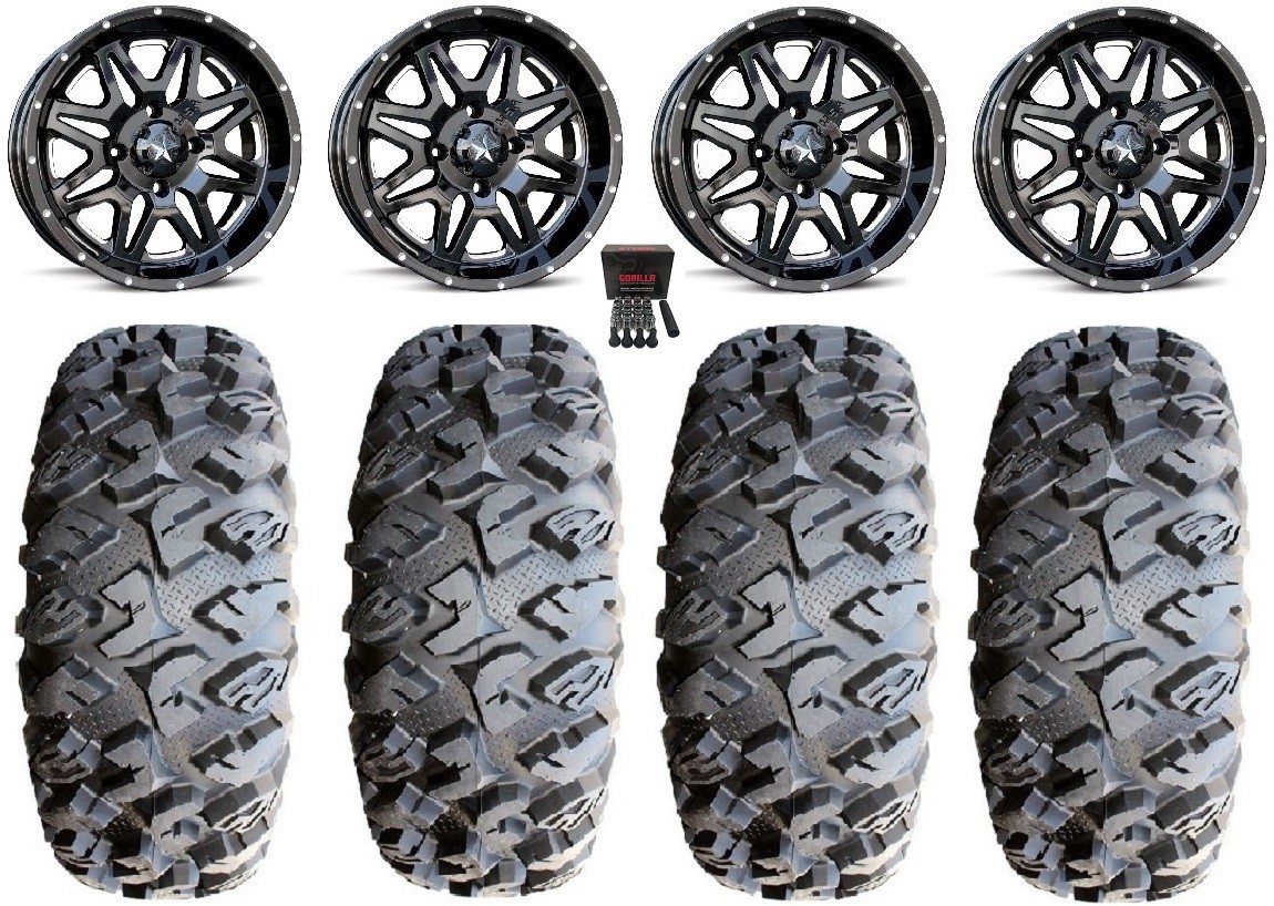 MSA Black Vibe 14″ UTV Wheels 28″ MotoClaw Tires Honda Pioneer