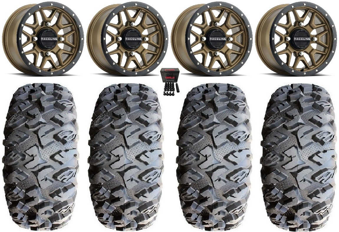 Raceline Krank 14″ Wheels Bronze 27″ MotoClaw Tires Yamaha Viking Wolverine