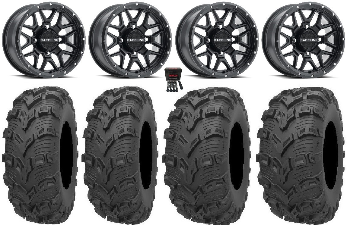 Raceline Krank 14″ Wheels Black 26″ Bear Claw EVO Tires Suzuki KingQuad