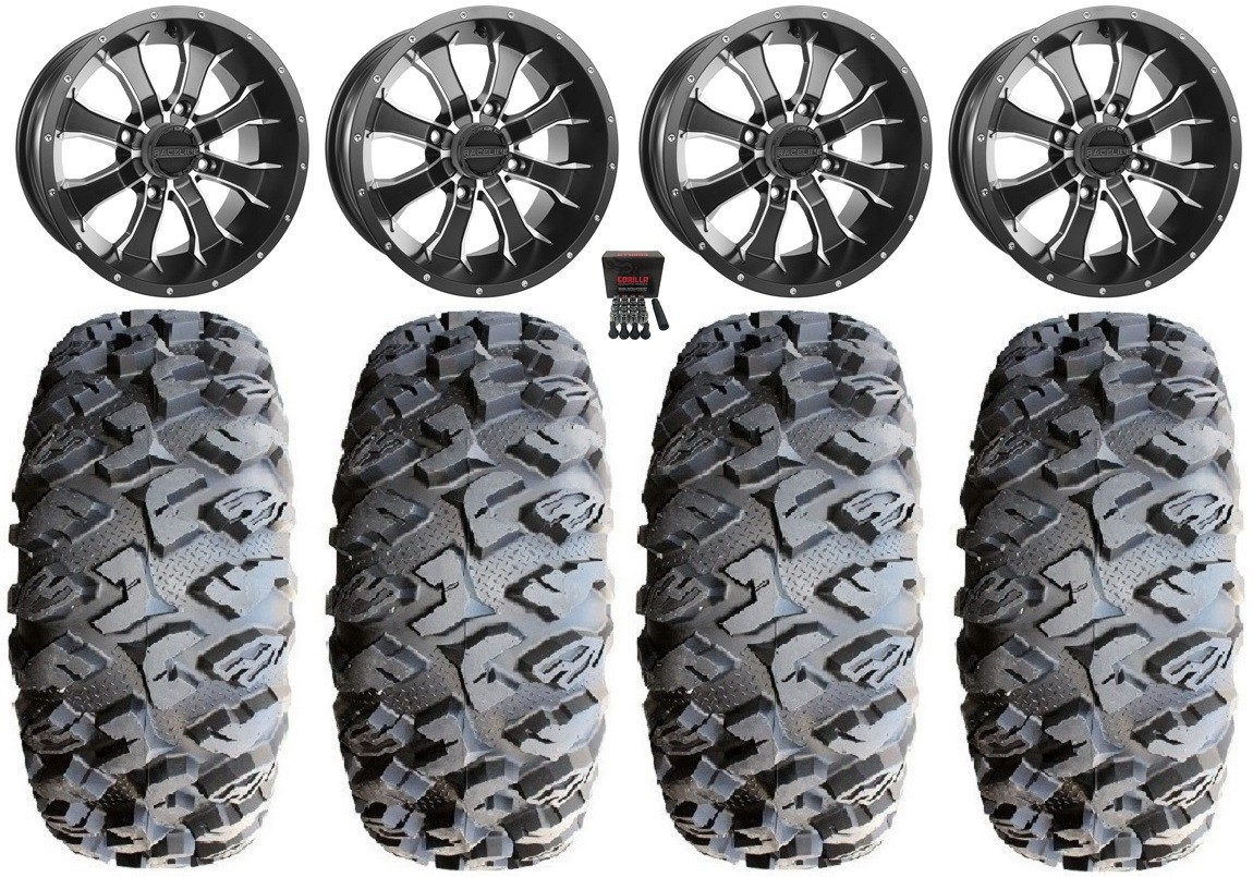 Raceline Mamba 14″ Wheels Black 27″ MotoClaw Tires Honda Rincon Rancher