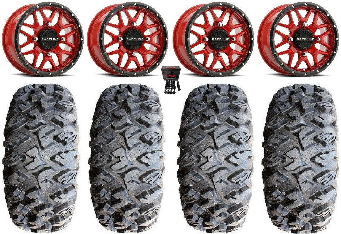Raceline Krank 15″ Wheels Red 31″ MotoClaw Tires Yamaha Wolverine RMAX