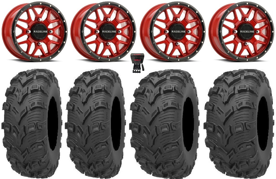 Raceline Krank 14″ Wheels Red 26″ Bear Claw EVO Tires Suzuki KingQuad