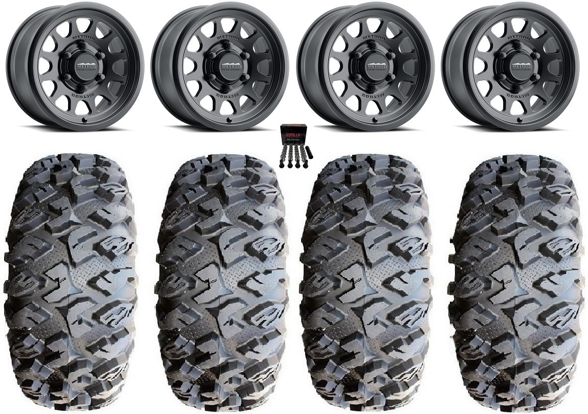 Method 414 15″ Wheels Black 31″ MotoClaw Tires Can-Am Maverick R