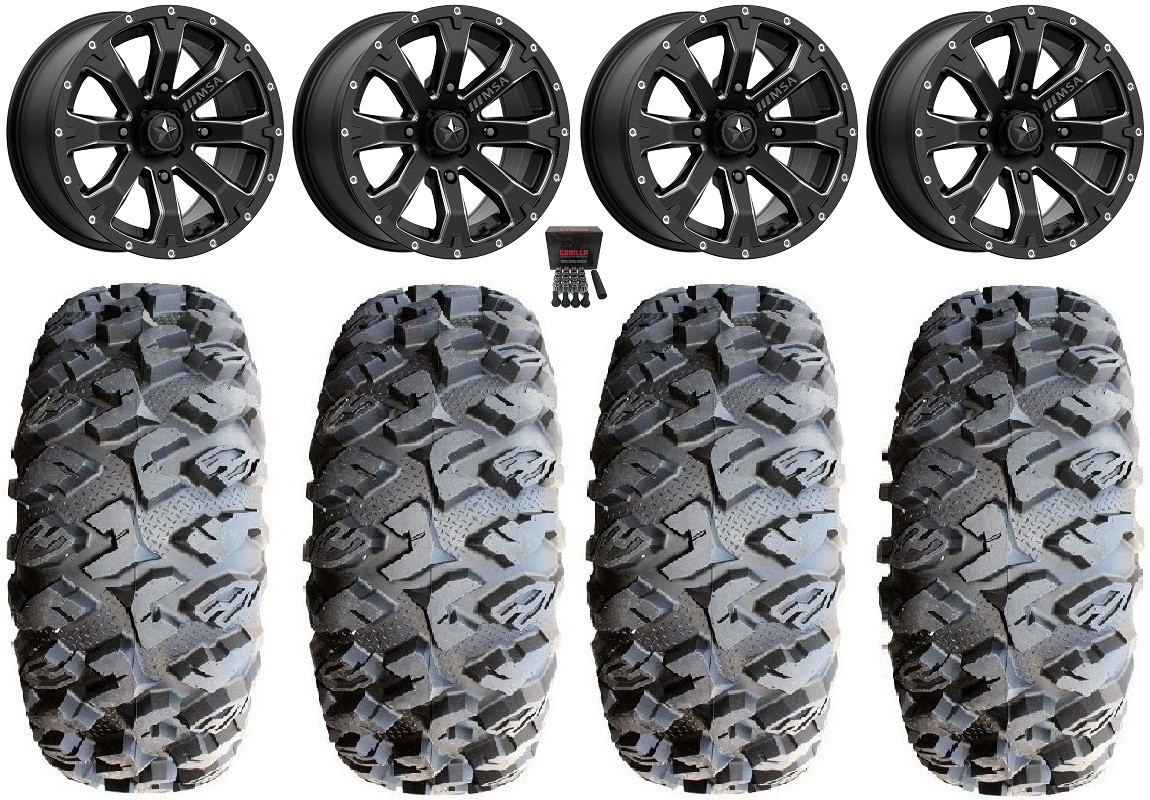 MSA Bounty 15″ Wheels Black 28″ MotoClaw Tires Sportsman 550 850 1000