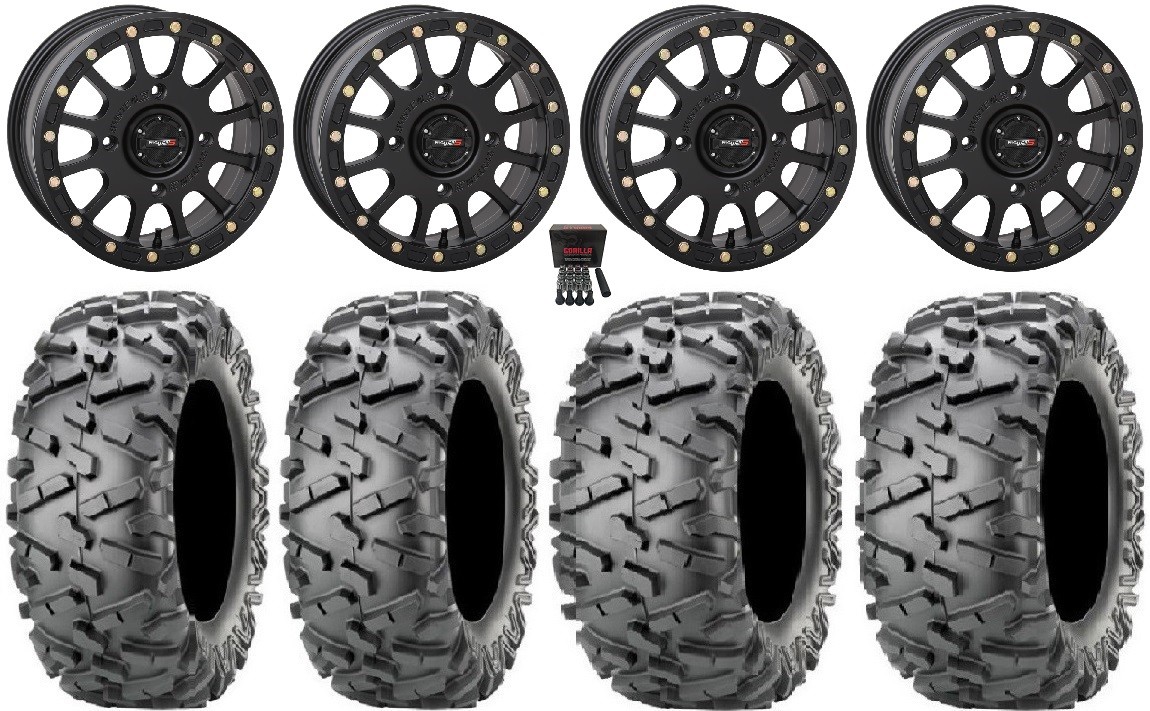 System 3 SB-5 Black 14″ Wheels 28″ BigHorn 2.0 Tires Kawasaki Teryx Mule